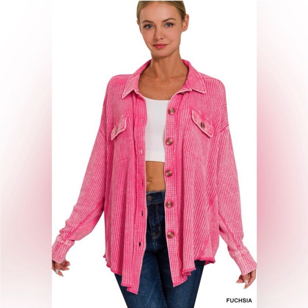 NWOT Zenana Fuchsia Acid Wash Oversized Waffle Shacket